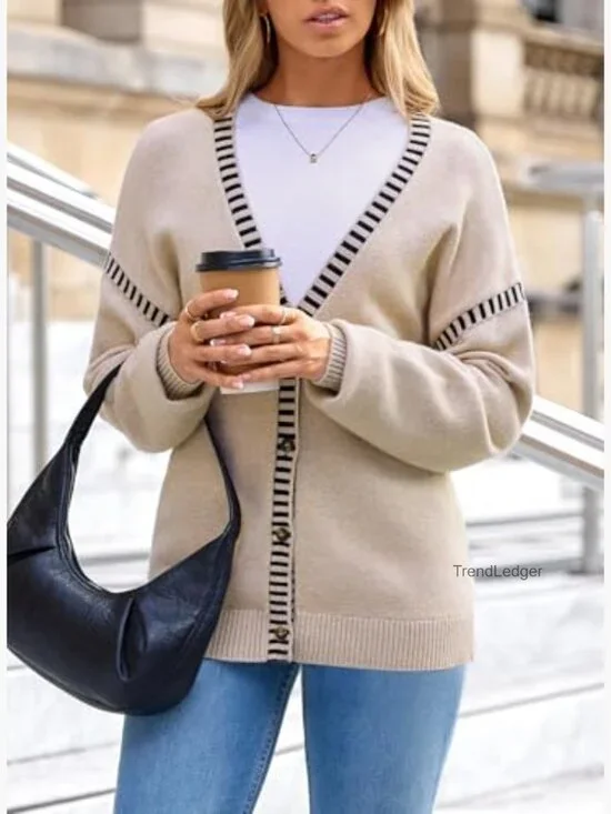 Oversized Button Front Cardigan Sweater Long Sleeve Striped Trim Fall Winter - Picture 2 of 7